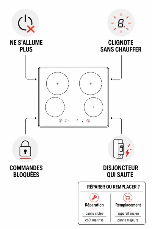Panne plaque induction : schéma éditorial de diagnostic et comparaison réparation vs remplacement