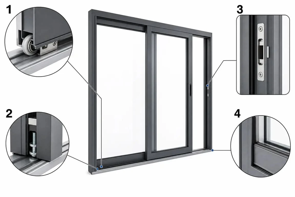 Schéma de réglage baie coulissante aluminium avec rail, roulettes, vis de réglage, gâche et joints à contrôler