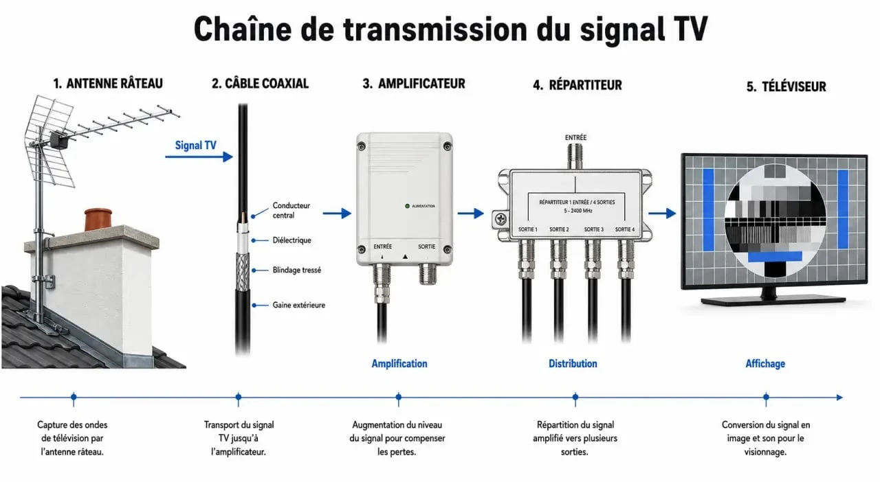 Schéma de branchement d'une antenne TV râteau et installation TNT