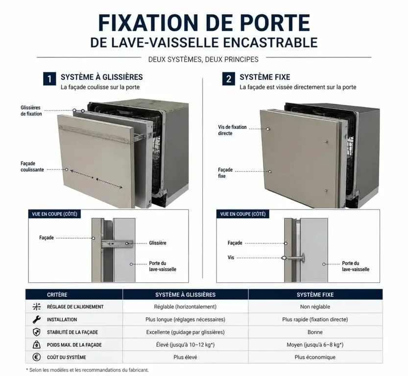 Schéma comparatif des systèmes de fixation pour installation porte lave-vaisselle encastrable : glissières vs fixe
