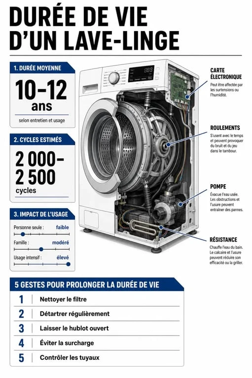 Durée de vie machine à laver : infographie sur les cycles, l’entretien et les pièces d’usure