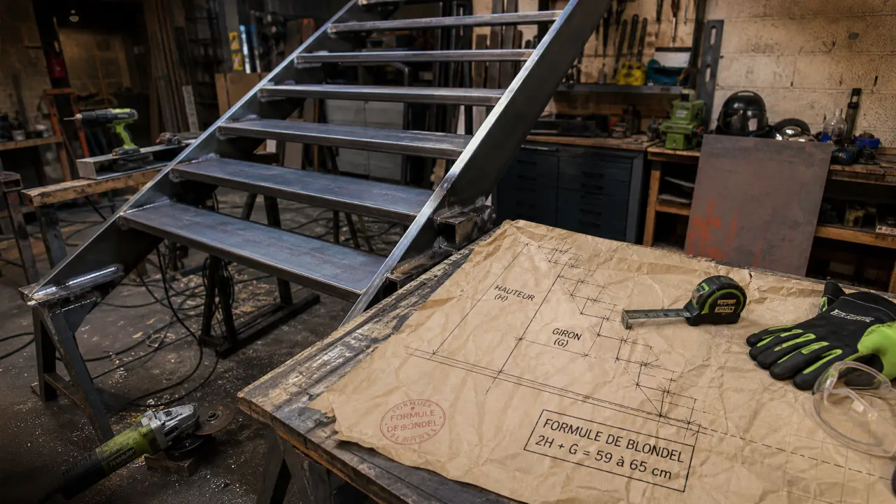 Fabriquer un escalier en metal en atelier : limons, marches et cotes