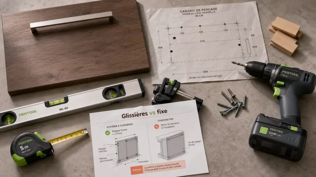 Installation porte lave vaisselle encastrable : glissières ou fixe pour habillage