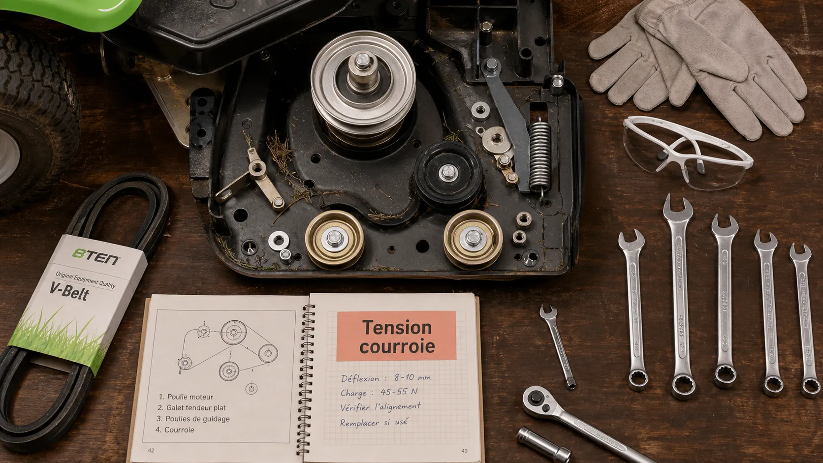 Montage courroie sur tracteur tondeuse : tension et triangle