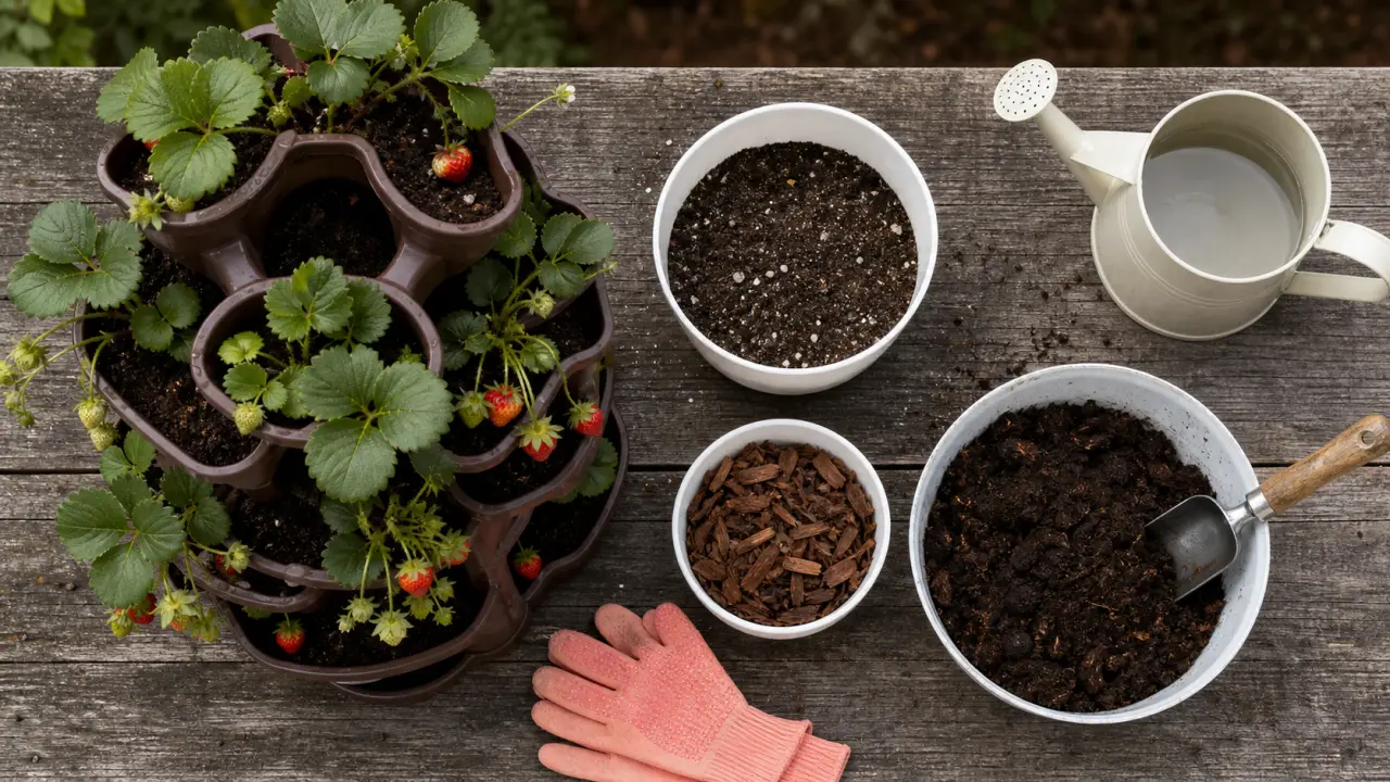 Plantation fraisier en hauteur : tour avec plants et drainage
