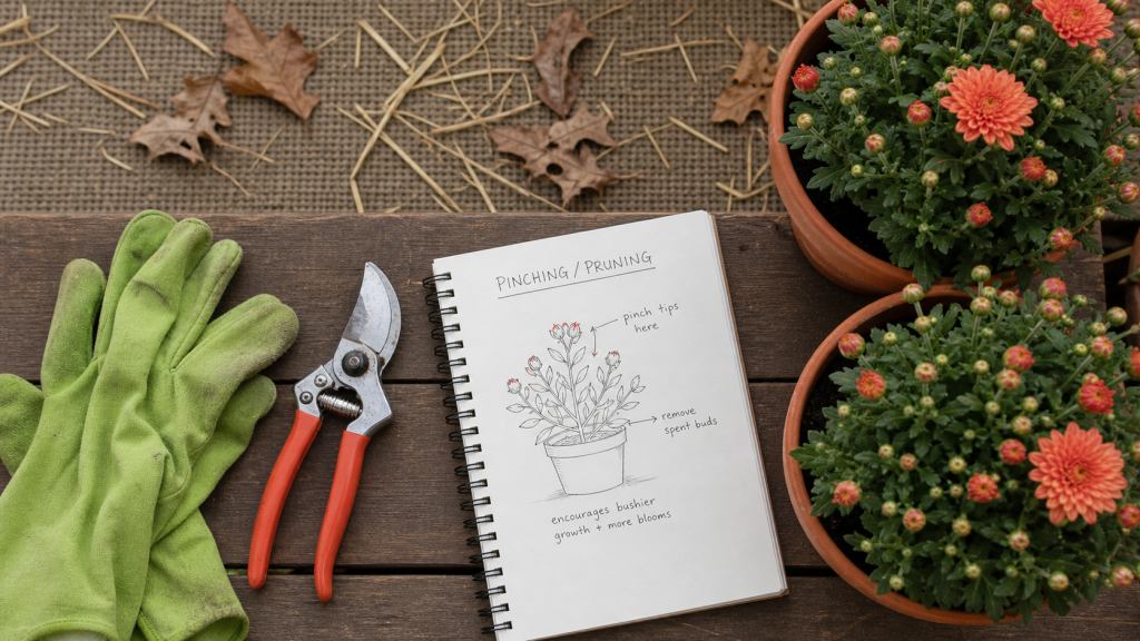Taille chrysanthème : sécateur et schéma pour une floraison dense