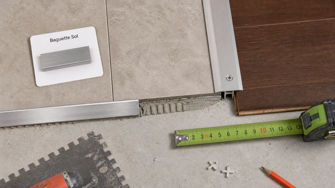Baguette finition carrelage sol aluminium et barre de seuil entre carrelage et parquet
