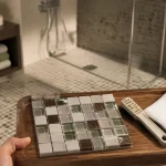 Carrelage mosaique sol antidérapant en salle de bain, joints beiges