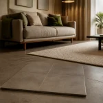 Carrelage sol salon en grès cérame grand format mat, joints fins gris taupe