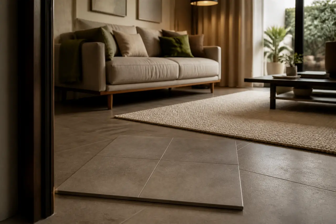 Carrelage sol salon en grès cérame grand format mat, joints fins gris taupe