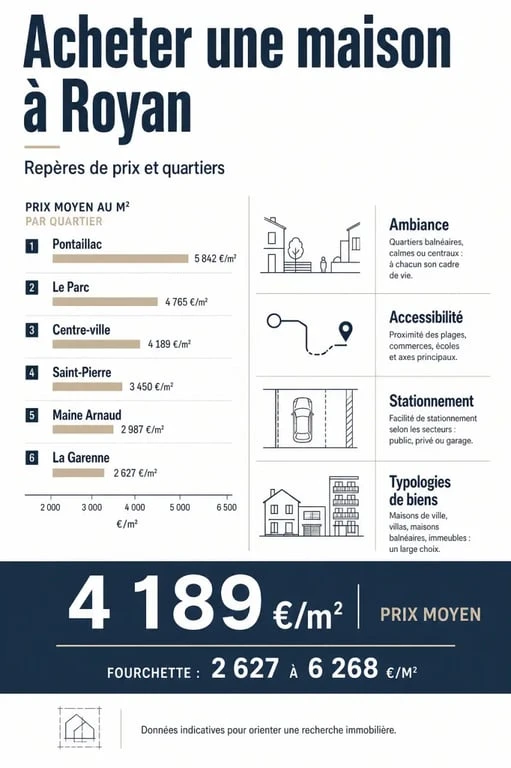 Visuel comparatif pour achat maison Royan : quartiers, prix moyens et critères pratiques