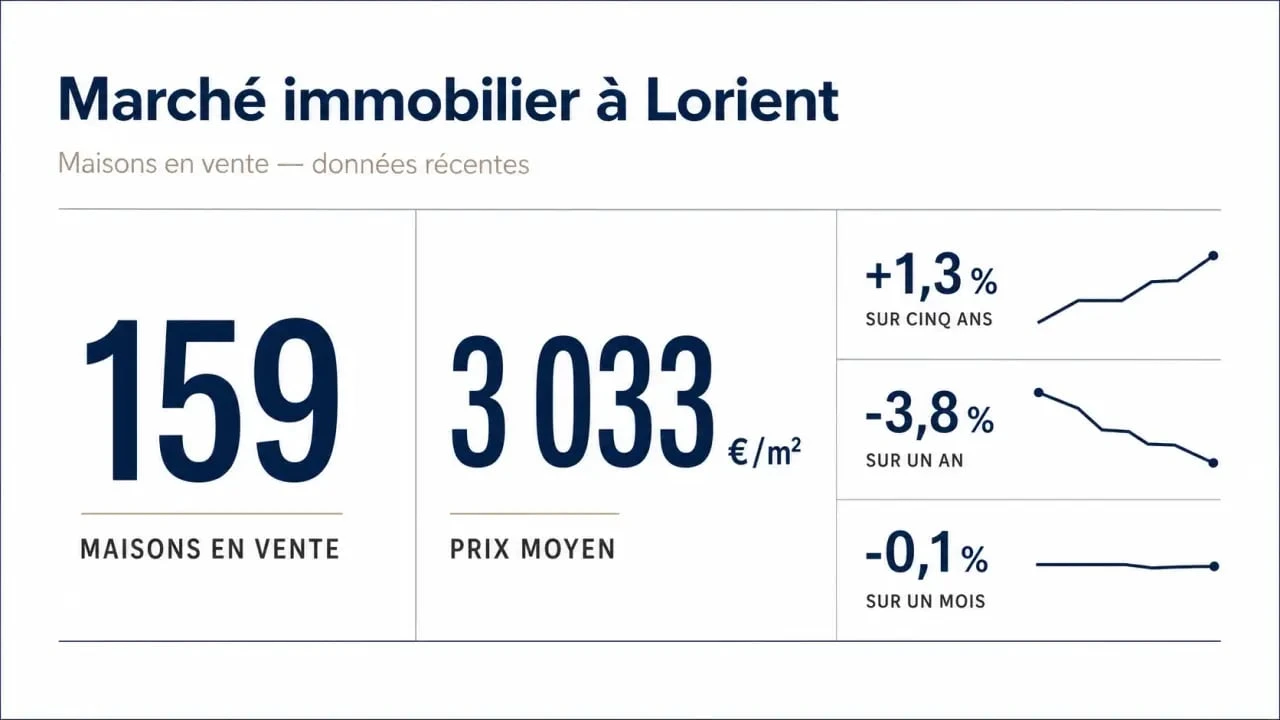 Achat maison Lorient : tableau éditorial avec 159 maisons en vente, 3 033 € par m² et l'évolution des prix