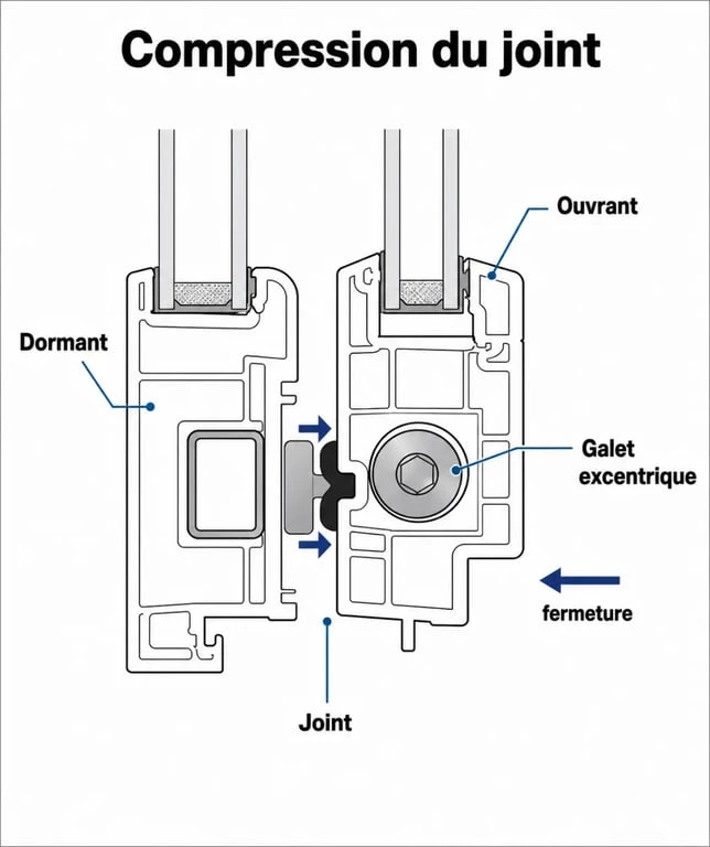 Schéma du mode hiver fenêtres pvc montrant galet, ouvrant, dormant et joint