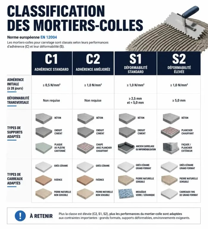 Classification des mortiers-colles carrelage sol C1 C2 S1 S2
