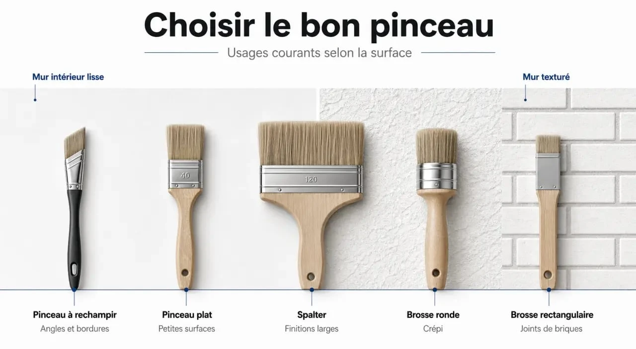 Pinceau pour peinture murale : comparaison visuelle des formes et usages