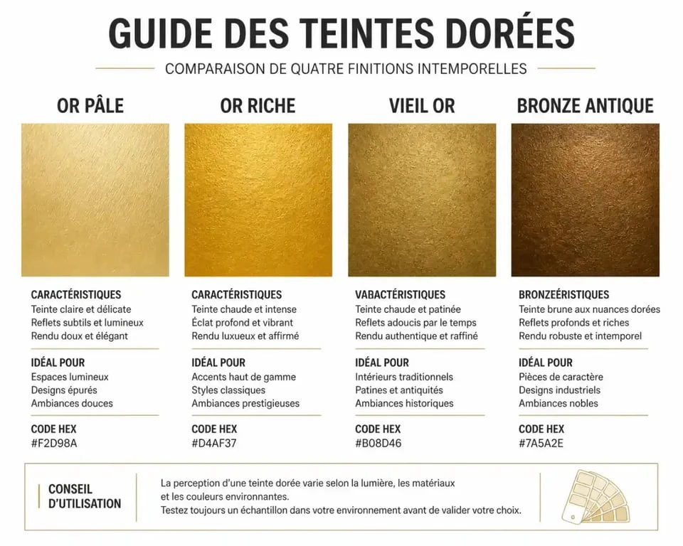 Comparatif des différentes teintes de peinture murale dorée : or pâle, or riche, vieil or et bronze antique