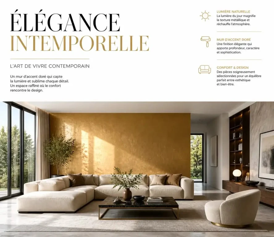 Salon moderne avec un mur d'accent en peinture murale dorée pour une ambiance luxueuse