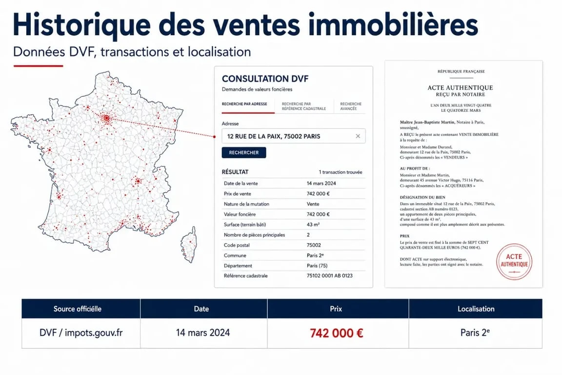 Historique vente immobilier : illustration éditoriale de la consultation des ventes passées via les données DVF
