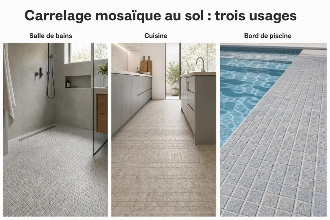 Carrelage mosaique sol : exemples d'utilisation dans une salle de bains, une cuisine et près d'une piscine.