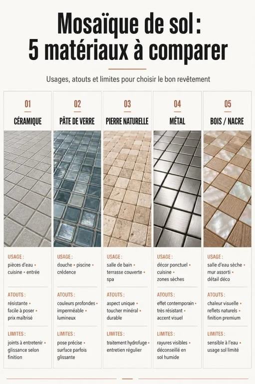 Carrelage mosaique sol : comparaison visuelle des matières et des usages pour choisir un revêtement adapté.