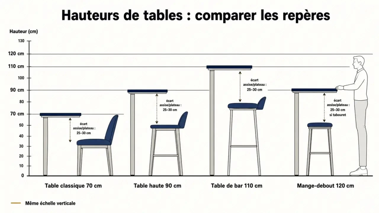 Table haute hauteur : comparaison visuelle des hauteurs 70, 90, 110 et 120 cm avec tabourets adaptés