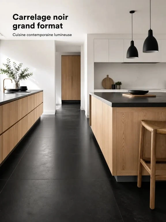 Carrelage noir sol dans une cuisine lumineuse avec murs clairs et bois naturel