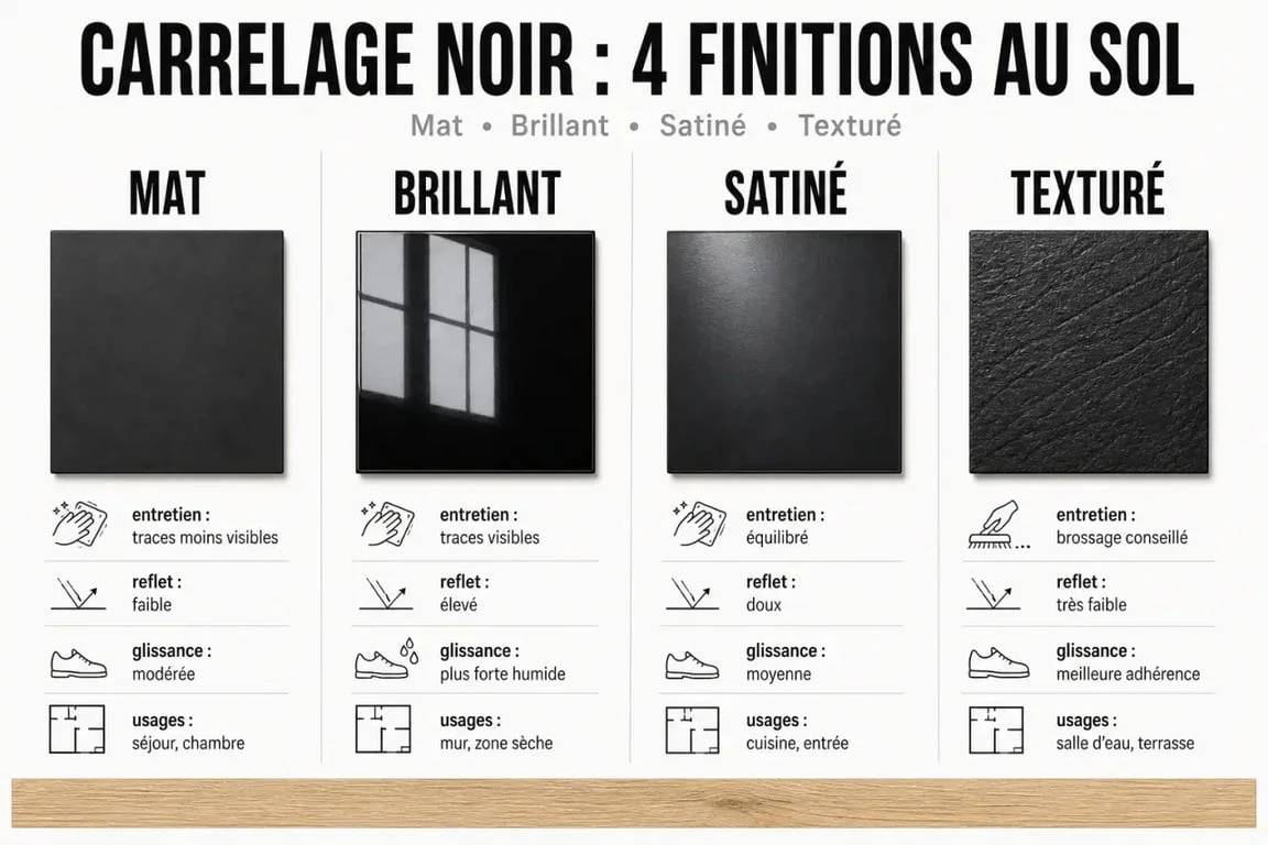 Carrelage noir sol comparatif des finitions mat brillant satiné texturé
