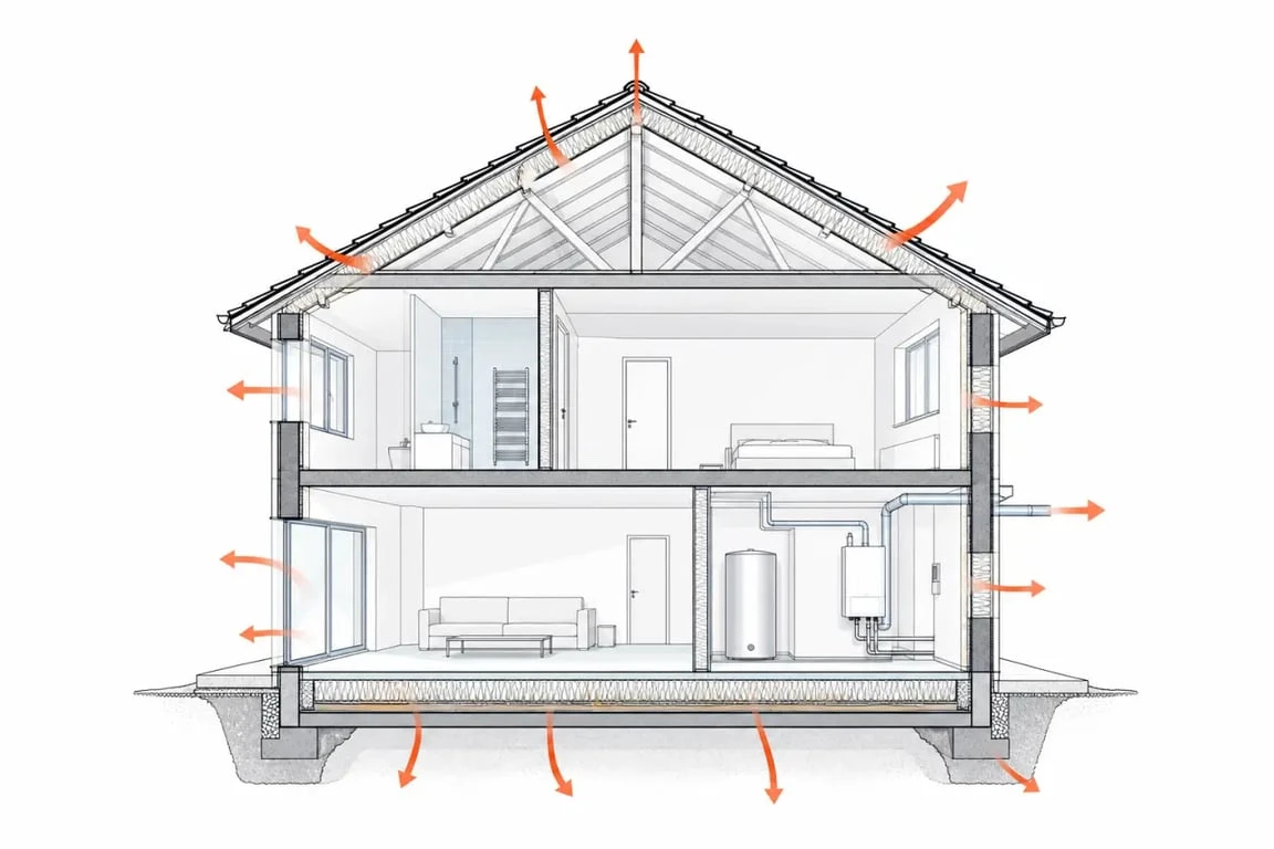 Rénovation énergétique maison : coupe d’une maison montrant les zones d’isolation prioritaires