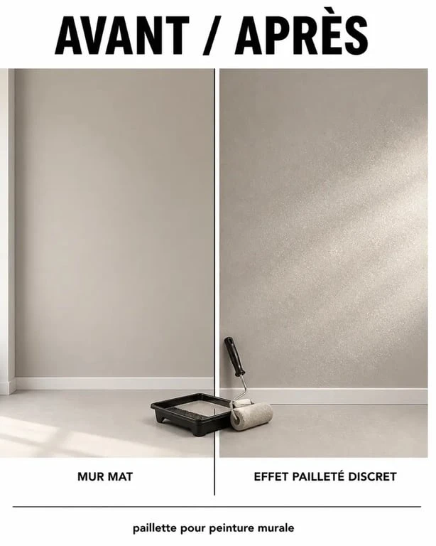 Paillette pour peinture murale : avant/après sur un mur d’intérieur avec effet scintillant discret sous la lumière