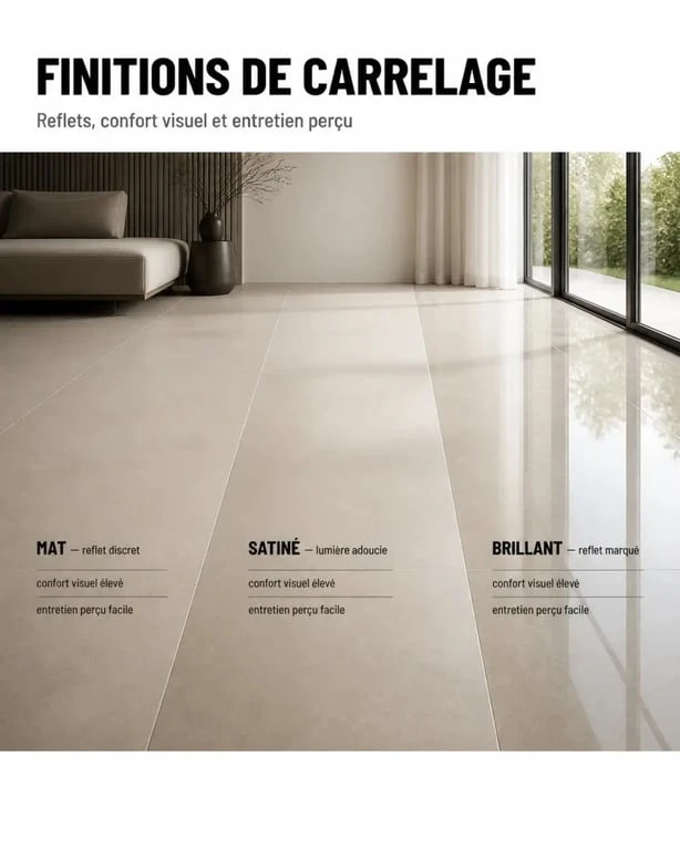 Carrelage sol salon : comparaison des finitions mat, satiné et brillant