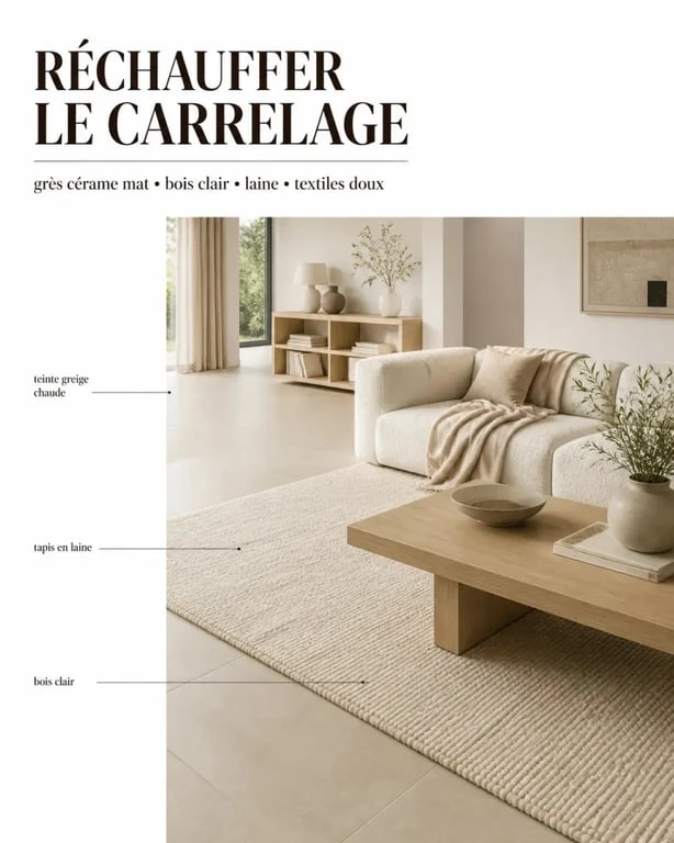 Carrelage sol salon en grès cérame grand format mat dans un salon contemporain chaleureux