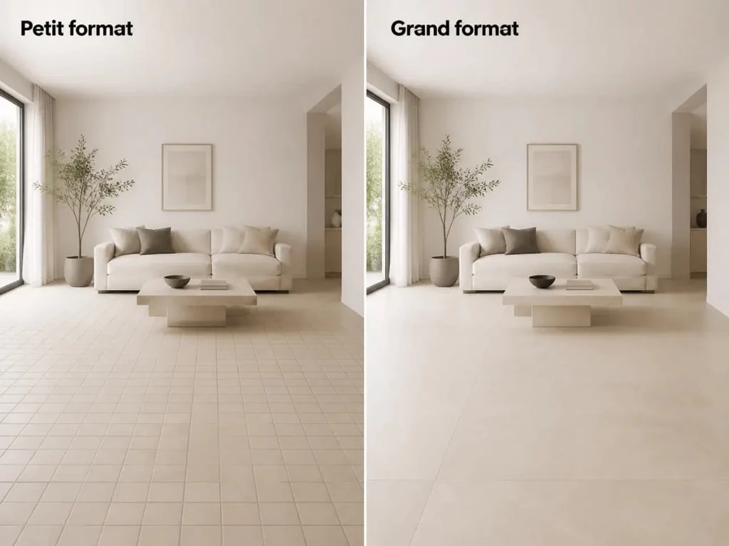 Carrelage sol salon : comparaison entre petit format et grand format avec joints visibles