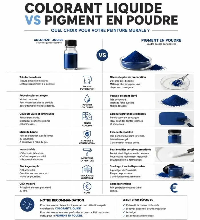 Comparaison entre colorant liquide et pigment en poudre pour peinture murale