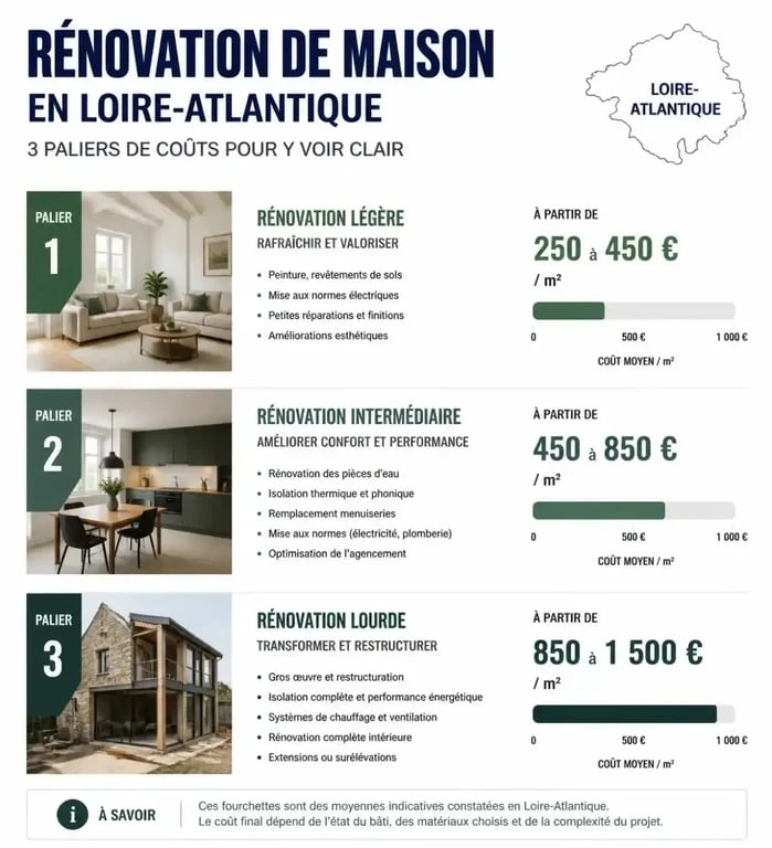 Infographie des coûts moyens de rénovation maison 44 par type de travaux