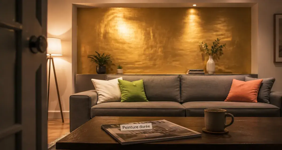 Peinture murale dorée sur mur d’accent, reflets lumineux en intérieur