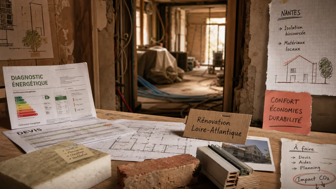 Rénovation maison 44 : documents chantier et matériaux en cours de travaux