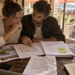 Achat maison toulon : couple consulte un projet de maison, plan et calculs.