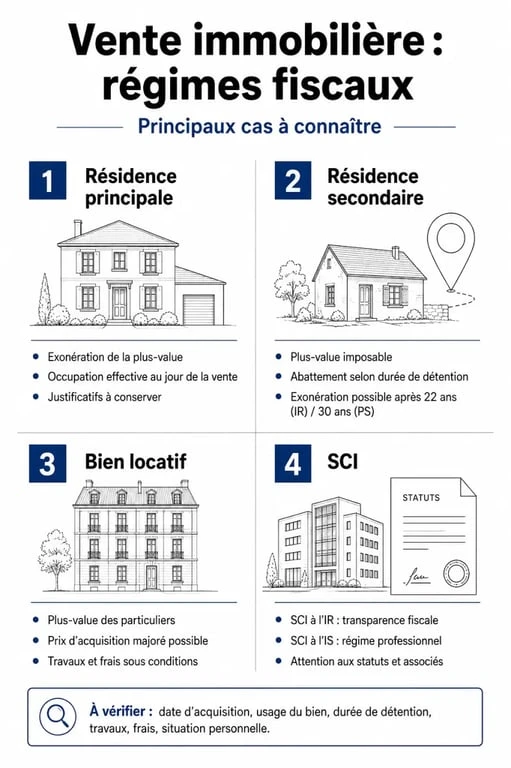 Infographie sur la fiscalité de la vente d'un bien immobilier et les cas d'exonération
