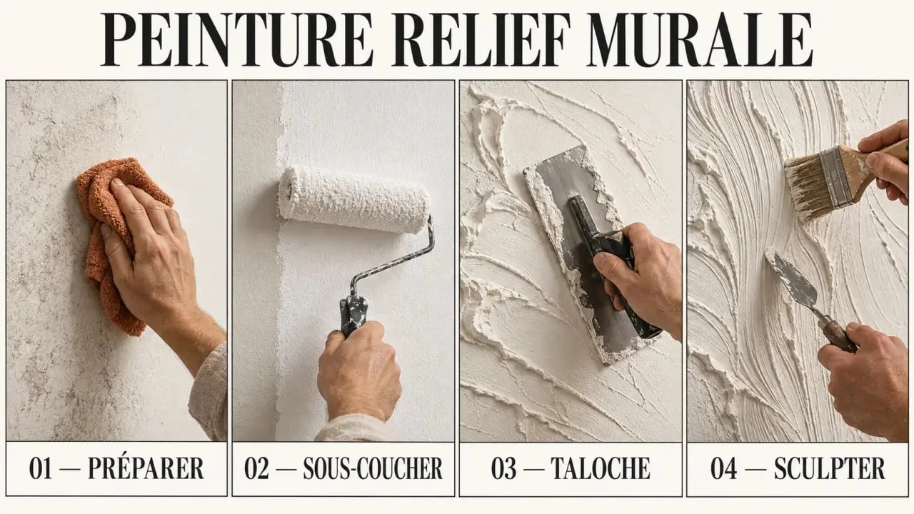 Étapes d'application d'une peinture relief murale avec sous-couche, taloche et couteau à peindre