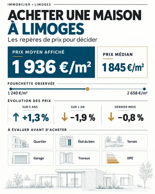 Infographie sur l'achat d'une maison à Limoges avec prix au mètre carré et critères de choix