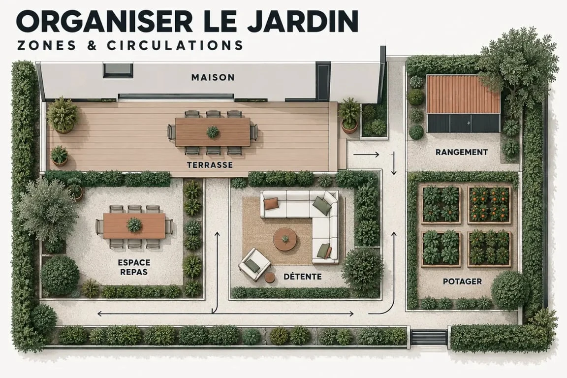 Infographie d'organisation pour un extérieur aménagement jardin avec zones de vie et circulation