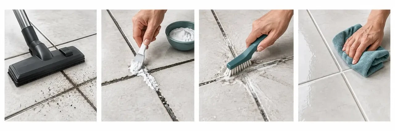 Nettoyer des joints de carrelage au sol noircis avec bicarbonate, brosse douce et rinçage