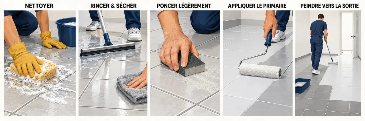Étapes pour repeindre du carrelage au sol, du nettoyage à l’application de la peinture