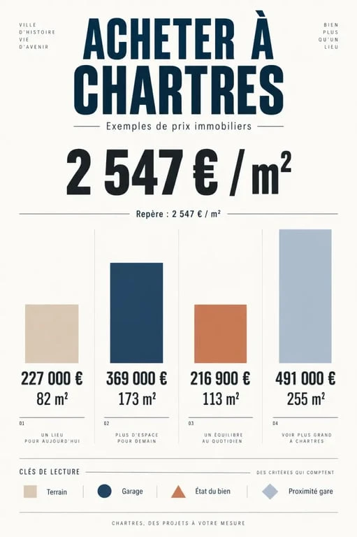 Infographie sur l’achat de maison à Chartres avec prix au mètre carré et exemples de biens