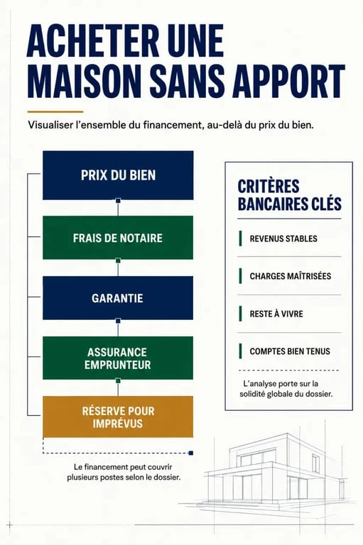 Achat maison sans apport : schéma des frais à financer et des critères bancaires