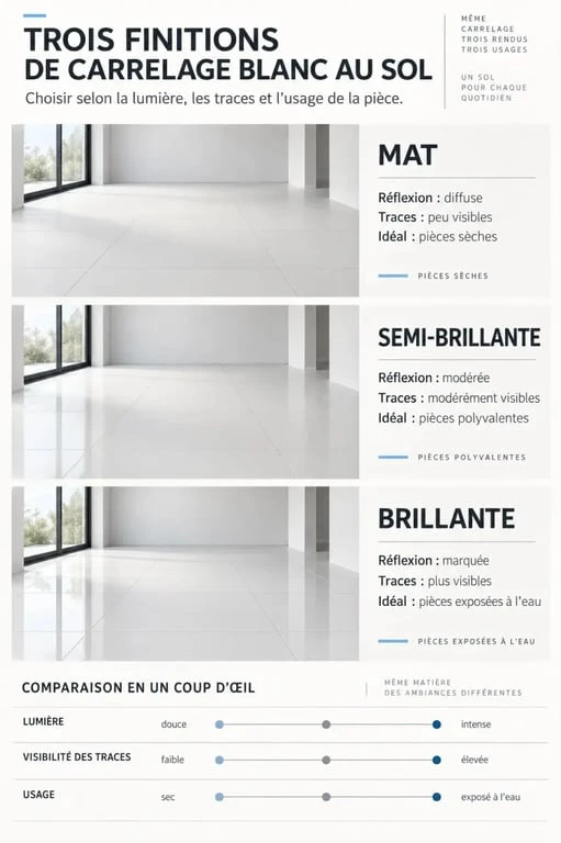 Infographie sur les finitions d’un carrelage blanc au sol : mate, semi-brillante et brillante