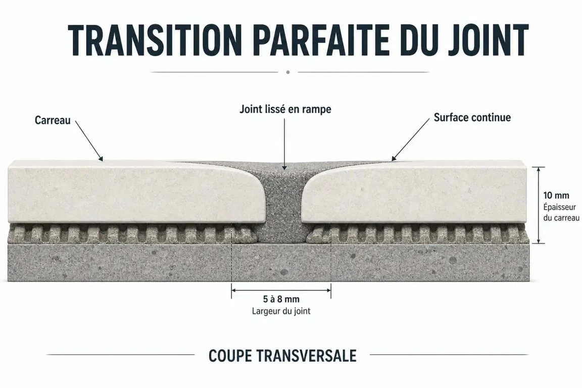 Profil idéal d'un joint de carrelage en forme de rampe entre deux carreaux