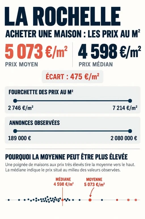 Infographie sur l'achat de maison à La Rochelle et les écarts de prix au mètre carré
