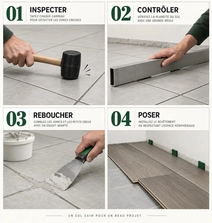 Étapes pour couvrir un carrelage sol : contrôle du support, préparation des joints et pose du nouveau revêtement