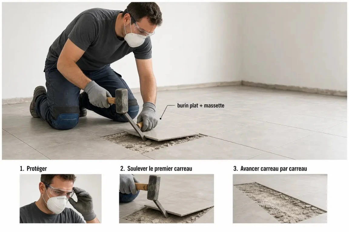 Enlever carrelage au sol étape par étape avec burin, massette et protections